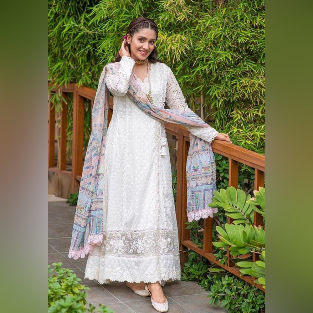 Elegant White Lace Dress with Pastel Accents
